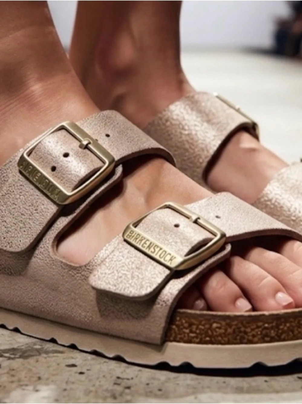 Birkenstock Double Strap Sandals in Metallic Blush Pink - Picture 2 of 5